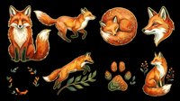 Red fox sitting with fluffy tail, running fox, curled fox ball, fox head, paw prints, and botanical elements isolated on transparent background. Ready for t-shirts, clipart, stickers, sublimation, and print-on-demand designs.