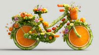 Creative bicycle made from fresh fruits and vegetables with orange wheels, cucumber frame, and colorful flower decorations on light background.