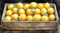 Fresh yellow lemons with green leaves in rustic wooden crate. Natural organic citrus fruits arranged in vintage box for farmers market or food design.