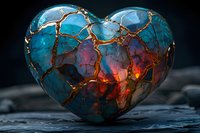 Glowing cracked heart with turquoise and orange light shining through golden fissures on dark background, symbolizing healing and emotional transformation.