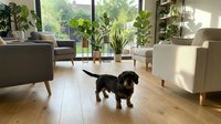 Adorable dachshund puppy playing in modern living room with houseplants and natural light streaming through large windows creating cozy home atmosphere.