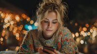 Young blonde woman in cozy sweater using smartphone with warm bokeh lights background creating intimate evening atmosphere for social media and technology concepts.