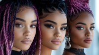 Young African American women with stylish braided hairstyles in purple and black tones showcase modern beauty and natural makeup looks against soft background lighting.