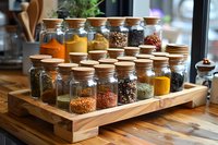 Glass spice jars with wooden lids arranged on wooden rack in kitchen, filled with colorful seasonings, herbs and spices perfect for cooking and food styling photography.