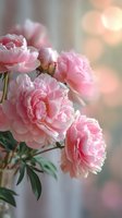Delicate pink peonies with lush layered petals against soft bokeh background, creating romantic atmosphere for wedding invitations or floral designs.