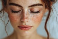 Young Caucasian woman with freckles and closed eyes in natural beauty portrait for skincare and wellness concepts.