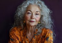 Elegant senior woman with long curly gray hair wearing vibrant orange floral dress, natural makeup and gold earrings against dark background. Portrait showcases aging gracefully.