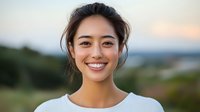 Young Asian woman with natural makeup and white top smiling genuinely at camera outdoors during golden hour, with soft blurred nature background.