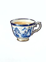 Porcelain teacup with blue and white oriental design featuring pagoda and landscape motifs, gold trim, isolated on white background for design projects.