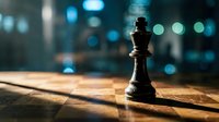 Black chess king piece standing alone on wooden chessboard with blurred city lights bokeh background creating dramatic atmosphere for strategic business concepts.