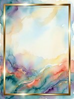 Watercolor landscape with flowing hills and sky in soft pastels, framed with gold border, ready for design projects and artistic backgrounds.