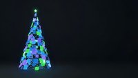 Modern geometric Christmas tree made of colorful cubes in blue and green tones on dark background for holiday design and seasonal decorations.