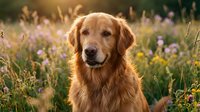 Golden retriever sitting in wildflower meadow during golden hour, surrounded by purple and yellow blooms, warm sunlight illuminating fur, peaceful nature setting.