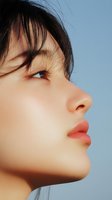 Side profile portrait of young Asian woman with flawless skin and coral lips against blue background, showcasing natural beauty and minimalist aesthetic.