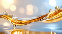 Golden liquid wave with splashing droplets creating dynamic motion against soft bokeh background for luxury product advertising and premium brand marketing.