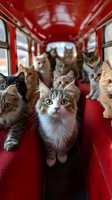 Group of diverse cats sitting in red bus or train carriage interior, looking at camera with curious expressions. Focus on central fluffy cat with green eyes.