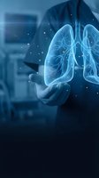 Doctor holding glowing digital lungs hologram in medical office showing respiratory system anatomy for healthcare technology and pulmonology education.