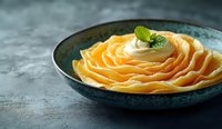 Thinly sliced fresh cantaloupe arranged in rose pattern on dark ceramic plate, garnished with mint leaf, against textured gray background for food styling.