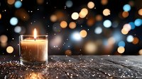 Glowing candle in glass holder on rustic wooden surface with sparkling bokeh lights and water drops creating magical holiday atmosphere.