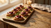 Gourmet appetizer canapes with meat and herbs on wooden board, elegant party food presentation for catering and entertaining events.