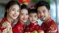 Happy Asian family in traditional red and gold attire smiling together, celebrating lunar new year with matching festive outfits and ornate details.