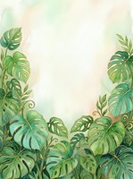 Tropical monstera leaves frame a soft watercolor background with cream and green tones, creating an isolated botanical border design suitable for invitations, posters, and digital projects.