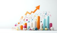 Colorful 3D bar chart with upward trend arrow showing business growth and success, surrounded by vibrant spheres on white background.