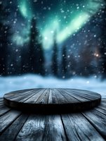 Empty wooden round podium against magical winter night sky with northern lights and falling snow, creating atmospheric backdrop for product display.