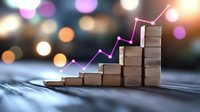 Wooden blocks arranged as ascending bar chart with glowing arrow showing business growth and success against bokeh lights background for presentations.