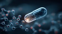 Futuristic transparent capsule pill with glowing core connected to molecular structure on dark background, representing pharmaceutical innovation.