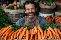 Cheerful middle-aged Caucasian male farmer with gray beard wearing apron displays fresh organic carrots at farmers market stand, surrounded by seasonal produce.