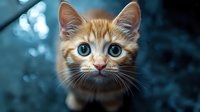 Adorable orange tabby kitten with bright blue eyes looking directly at camera. Close-up portrait of young domestic cat with striped fur pattern and pink nose.