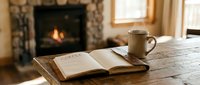 Open book and steaming coffee mug on rustic wooden table by cozy stone fireplace, warm hygge home interior with natural light.