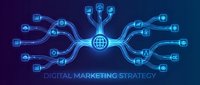 Digital marketing strategy concept with glowing neon network connections and globe icon on dark blue background for business and technology presentations.