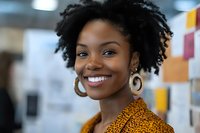 Young African American woman with natural curly hair and hoop earrings wearing mustard yellow sweater smiling confidently at camera against blurred office background.