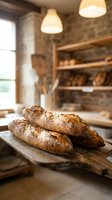 Fresh artisan bread loaves on wooden board in rustic bakery kitchen with stone walls and warm lighting for culinary and food business concepts.