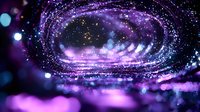 Magical cosmic portal with swirling purple and blue nebula effects, glowing particles and bokeh lights creating ethereal space tunnel atmosphere.