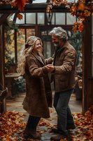 Mature couple dancing together in autumn garden with colorful fall leaves and rustic pergola creating romantic seasonal atmosphere for lifestyle content.