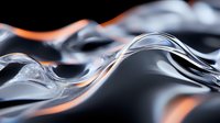 Elegant abstract smoke waves in orange and silver colors against dark background create dynamic flowing pattern with smooth curves and reflective surfaces.