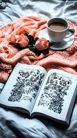 Cozy reading setup with open book, coffee cup, and coral roses on knitted peach blanket against white bedding, creating relaxing atmosphere for morning leisure.