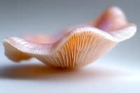 Delicate pink mushroom gills shown in extreme macro photography with soft focus and dreamy lighting, showcasing natural organic textures and patterns in pastel tones.