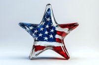 Glass star shaped decoration featuring American flag pattern with red stripes and white stars on blue background, isolated on white for patriotic holiday decor.
