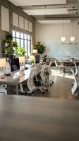 Modern open office workspace with desks, computers, ergonomic chairs and green plants creating collaborative environment for business teams and startups.