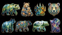 Watercolor bear clipart set with eight elements isolated on transparent background, ready for stickers, t-shirt design, print on demand, and sublimation crafts.