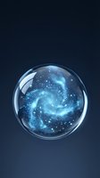 Glowing blue energy swirls inside transparent glass sphere with luminous particles on dark background, isolated for design use.