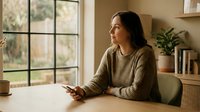 Young Hispanic woman in cozy sweater using smartphone at home, sitting by window with natural light, relaxed indoor lifestyle moment.