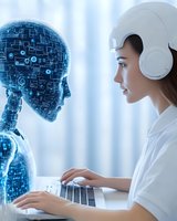 Young Asian woman in white headphones interacting with glowing blue digital AI hologram while typing on laptop, representing future technology and machine learning.