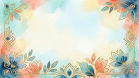 Watercolor floral frame with gold outline details on soft pastel background, featuring teal, coral and blue botanical elements with copy space.