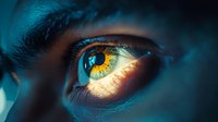 Extreme macro shot of human eye with vibrant yellow and blue colors, showing detailed iris pattern and reflection in dramatic lighting for medical or creative projects.