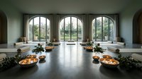Serene meditation room with singing bowls arranged on polished floor, featuring arched windows overlooking peaceful garden landscape for wellness retreat.
